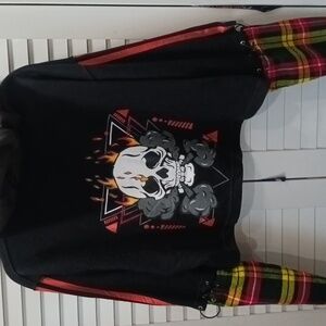 TKS Apperel Black Cropped Hoodie with Plaid Sleeves